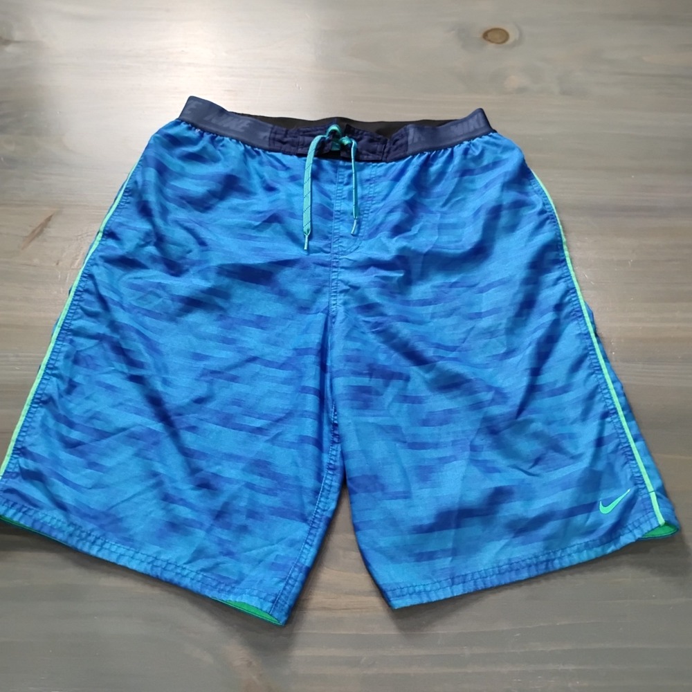 Nike Swim Trunks Mens L Blue Pattern Fully Lined Drawstring Board Shorts Swoosh